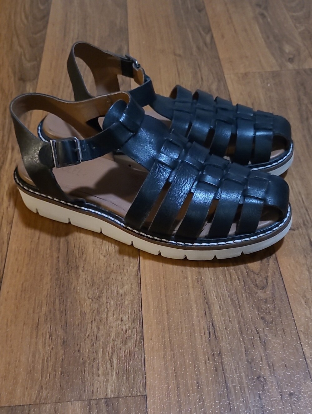 Roolee Black Leather Fisherman Womens Sandals with Contrasting White Sole